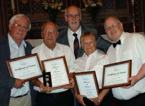 David Taylor (Certificate of Service), Bob Tresedern (60 years Service), Sylvia Risby (60 Years Service), Tony O'Mara (Certificate of Service) with Peter Bates (Chairman of the NWABBA). David Taylor (Certificate of Service), Bob Tresedern (60 years Service), Sylvia Risby (60 Years Service), Tony O'Mara (Certificate of Service) with Peter Bates (Chairman of the NWABBA).