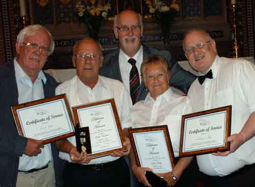 David Taylor (Certificate of Service), Bob Tresedern (60 years Service), Sylvia Risby (60 Years Service), Tony O'Mara (Certificate of Service) with Peter Bates (Chairman of the NWABBA).